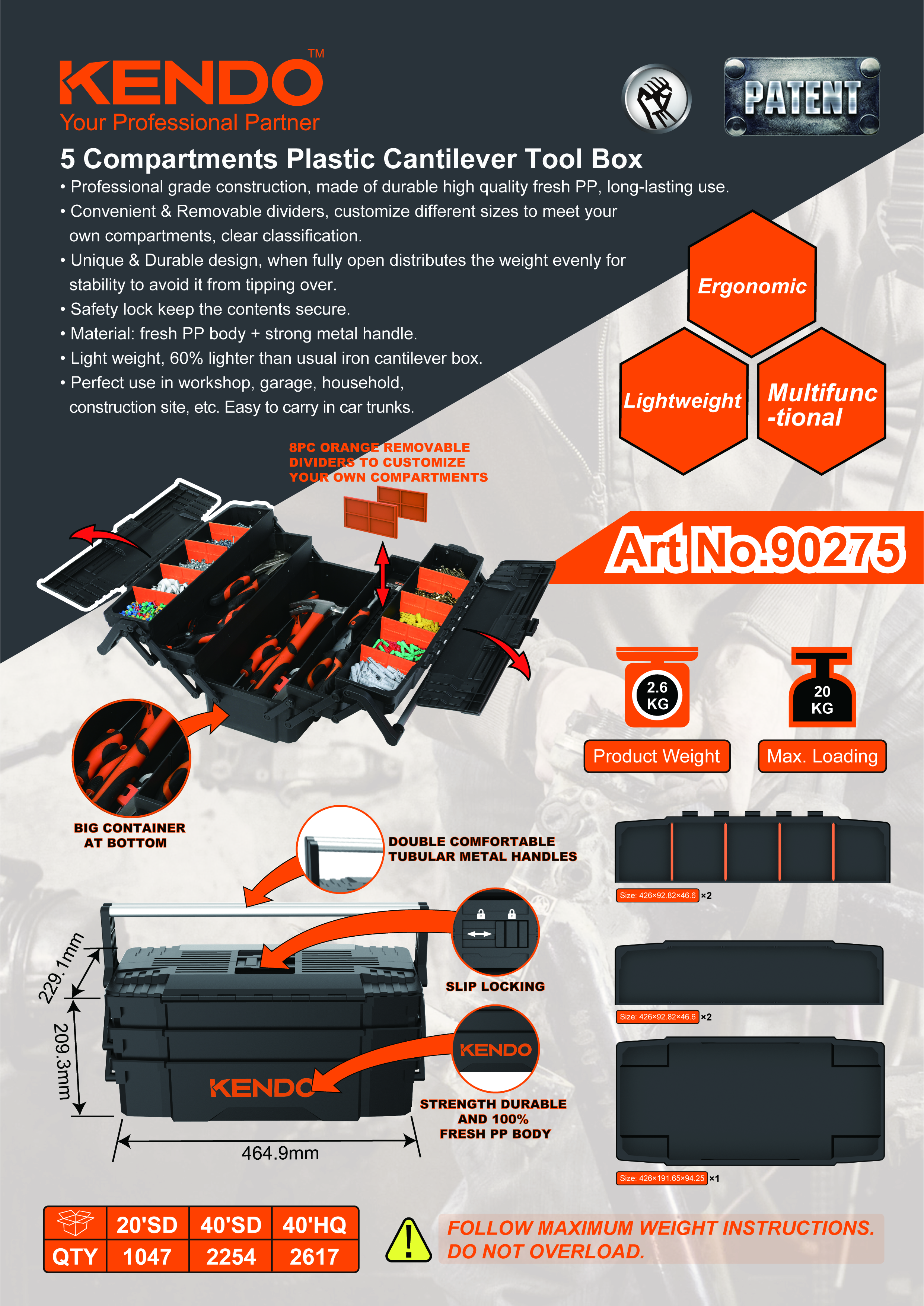 Freitragender Werkzeugkasten aus Kunststoff mit 5 F&auml;chern