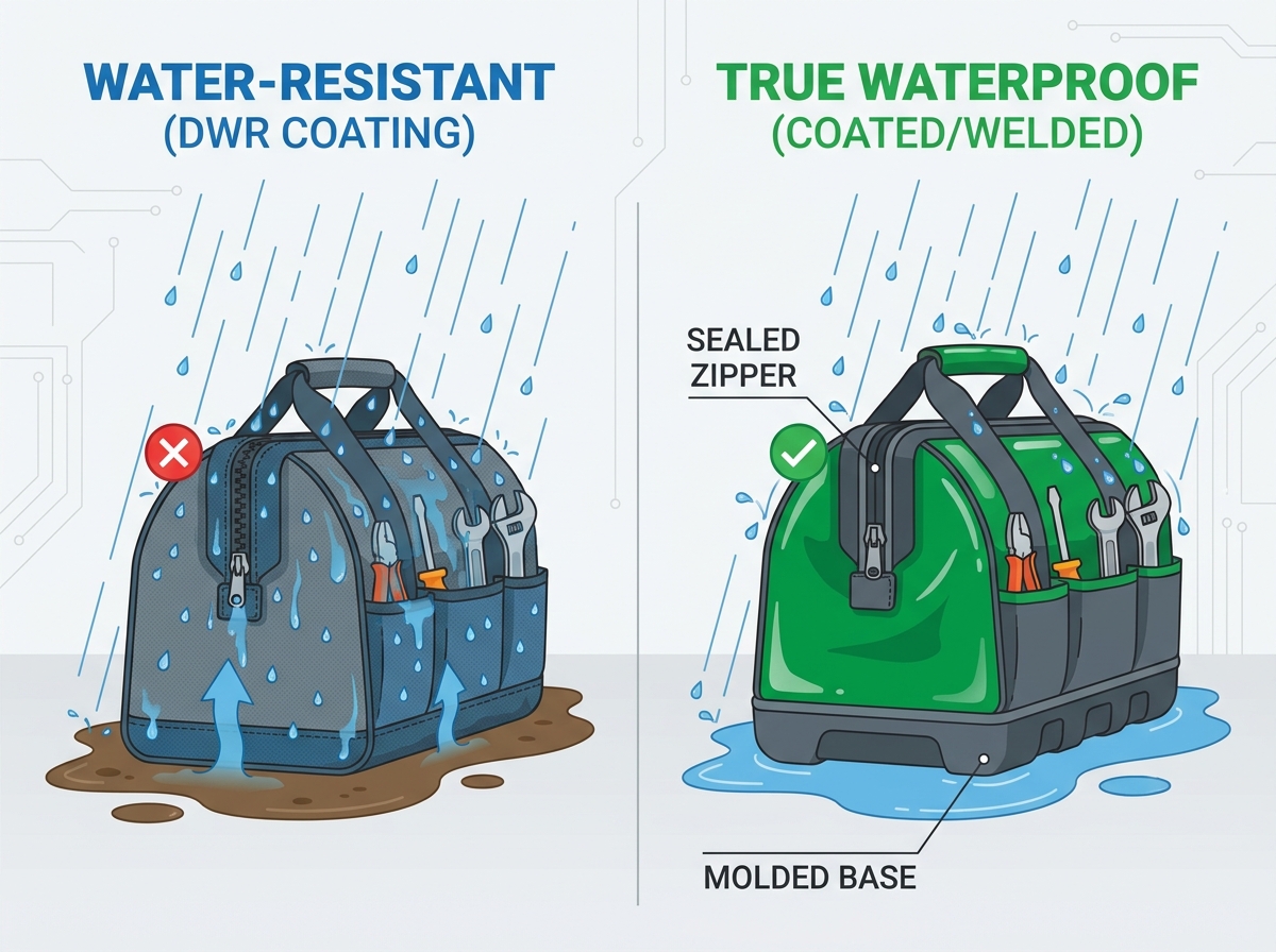 Wasserdichte Werkzeugtasche, die auf einer nassen Oberfl&auml;che auf der Baustelle liegt